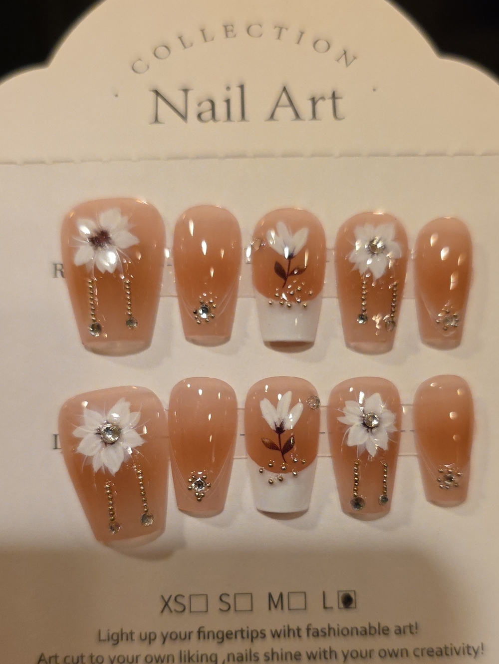 Nude Floral Press-On Nail Set with Rhinestone Accents Size Large